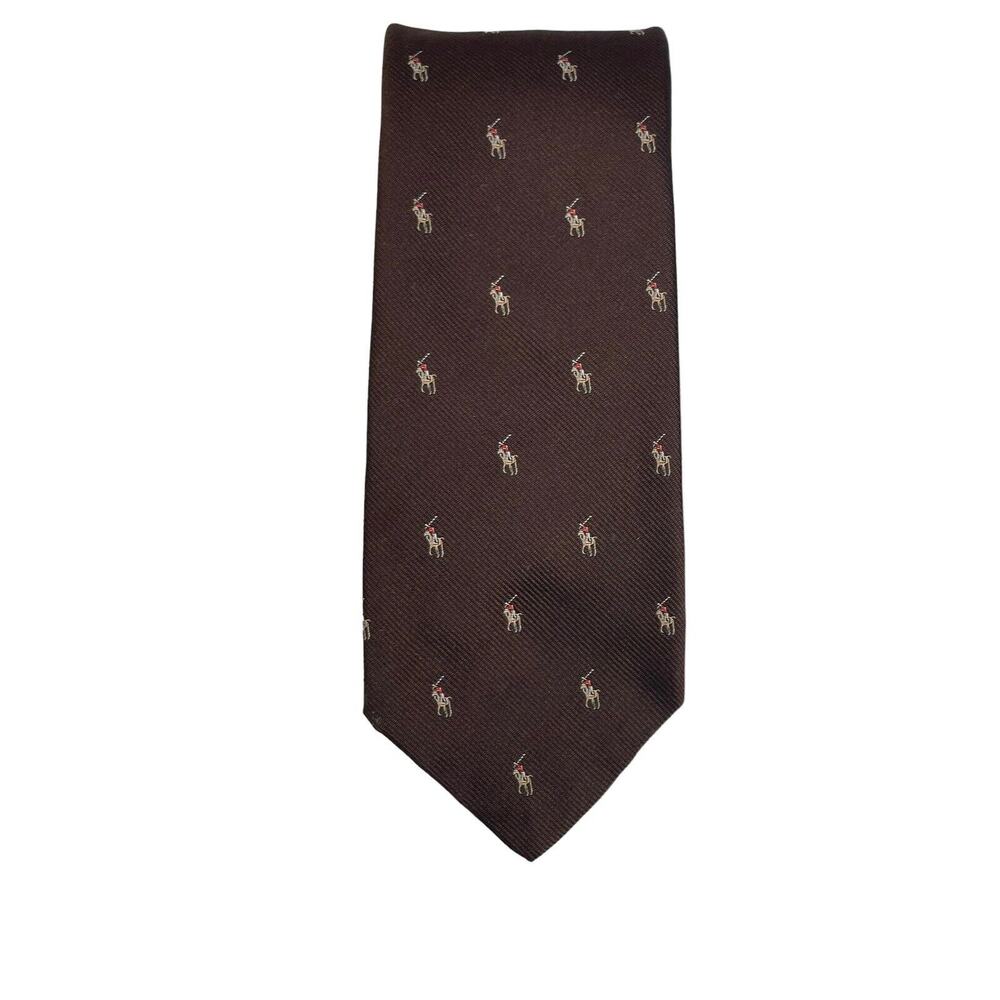 Vintage Polo Ralph Lauren Necktie Tie Brown Silk Pony Logo Pattern